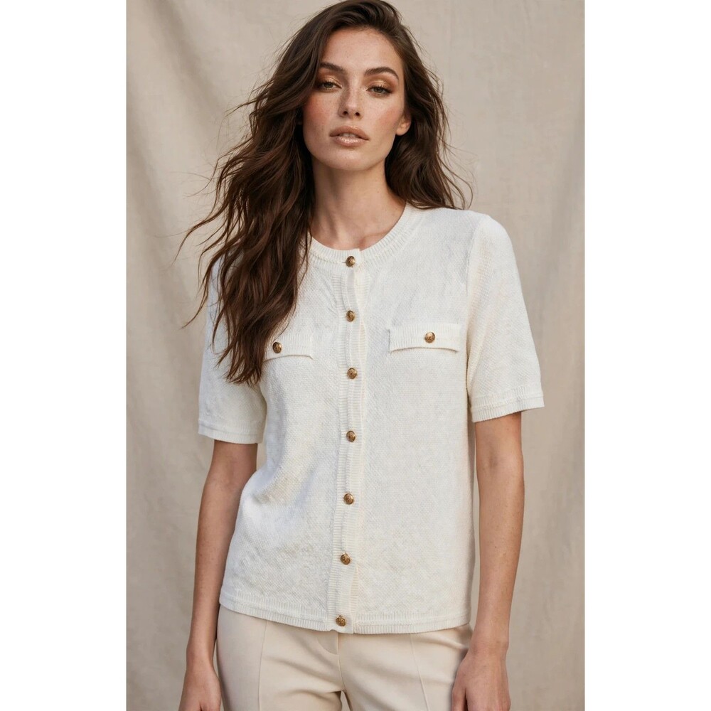 PrettyGarden Womens S White Knit Short Sleeve Cardigan Gold Buttons Pockets
